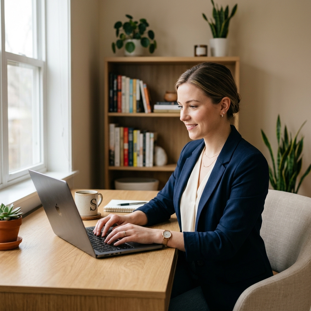 A young professional woman using an AI interview question generator on her laptop to prepare for a job interview