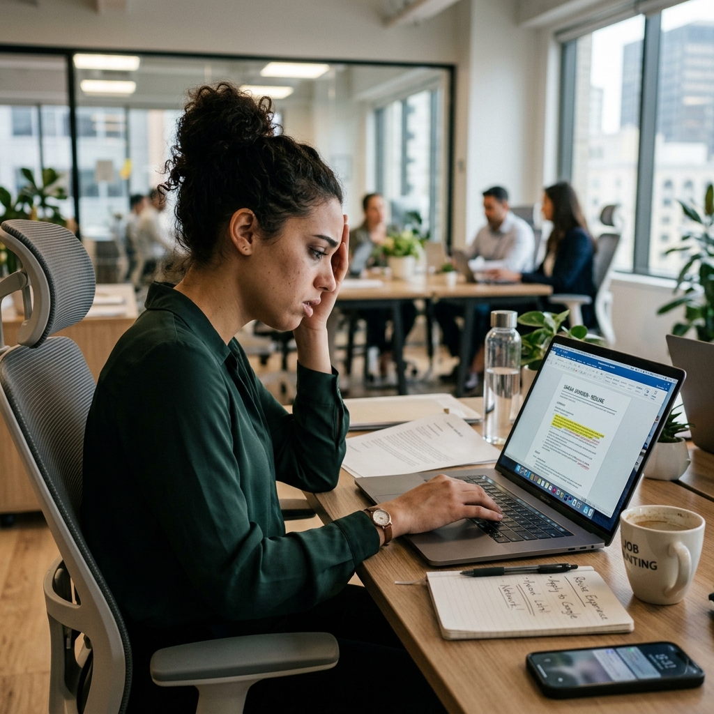 Frustrated job seeker struggling with resume optimization and ATS rejection in a modern office